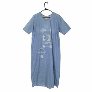 Vintage 90s Denim Midi Dress Fish Seashell Block Print Ocean Coastal Boho M/L